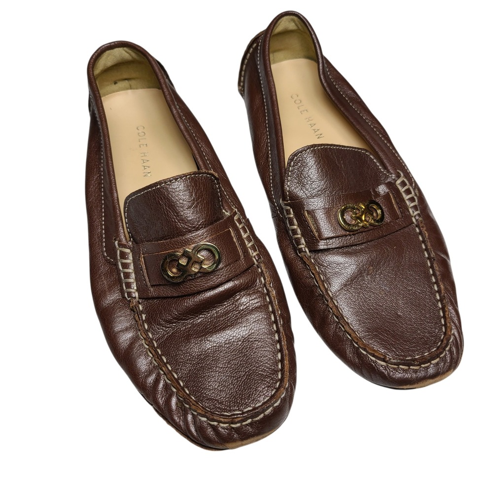 Cole Haan Brown Leather Loafers Gold Accent Sz 8 Driving Shoes Slip On Moccasins